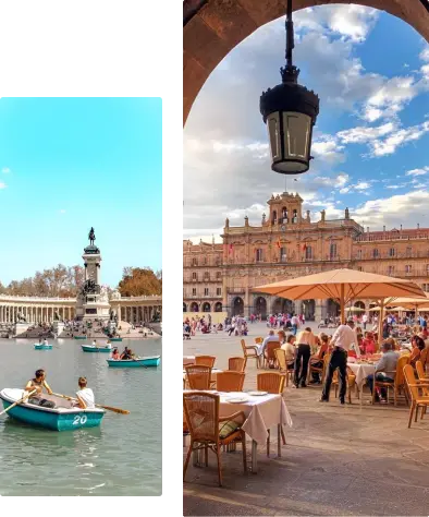 Duas imagens mostrando pessoas se divertindo na Plaza Mayor e no Parque do Retiro em Madri. A foto da direita mostra pessoas jantando. A foto da esquerda mostra pessoas remando.