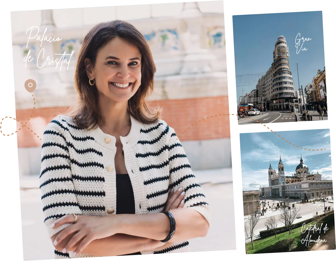 Mulher sendo fotografa no Palácio de Cristal. Ao lado, a Gran Via e a Catedral de Almudena.